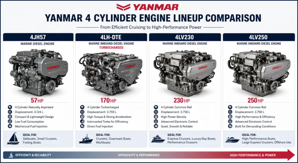 Yanmar 4 cylinder marine diesel engines comparison including 4JH, 4LH and 4LV models