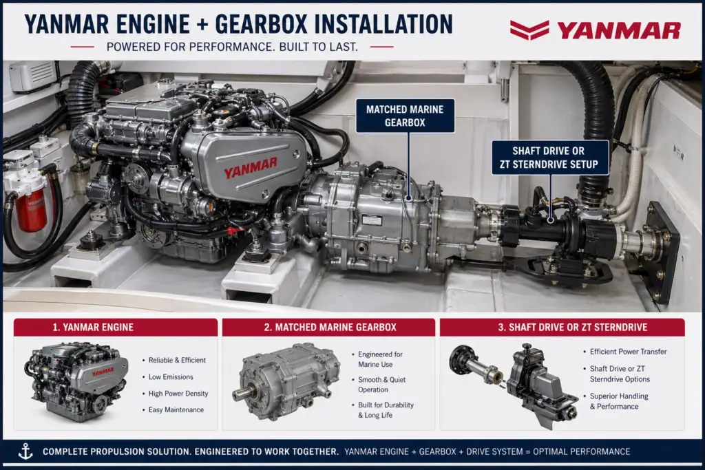 Yanmar marine engine with matched gearbox installation setup