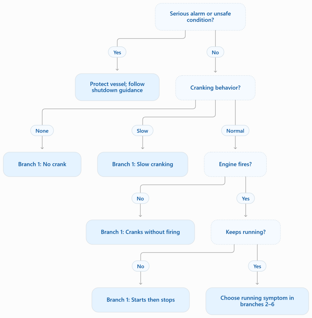 Yanmar Marine Engine Troubleshooting Flowchart - Diagnose Problems Step by Step mermaid diagram